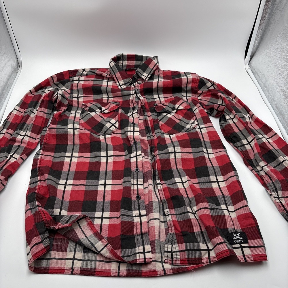 Obey Flannel Shirt Button Down‎ Mens Size Medium Red Checkered Long Sleeve